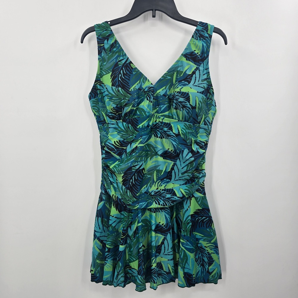 Summer Mae Tropical‎ Palm Leaf Print Swim Dress Large Green Blue V-Neck